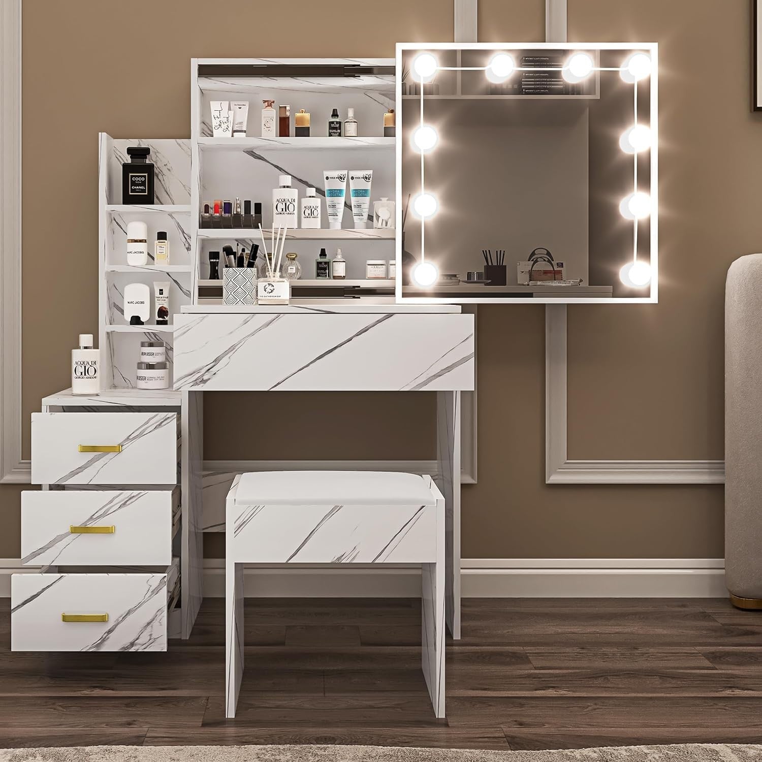 Wood Makeup Vanity Desk w/LED Light Mirror 3 Drawers Open Shelves Dressing Set