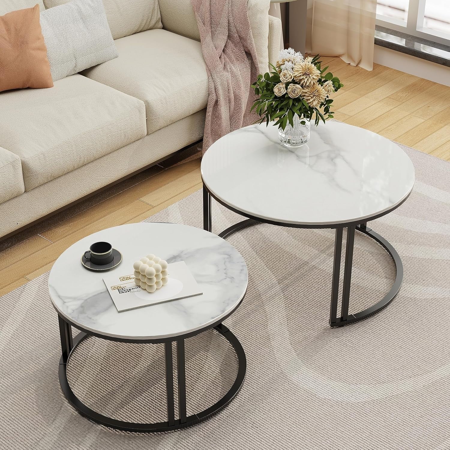 Round Nesting Coffee Table White Sintered Stone Metal Legs Space Saving Luxury