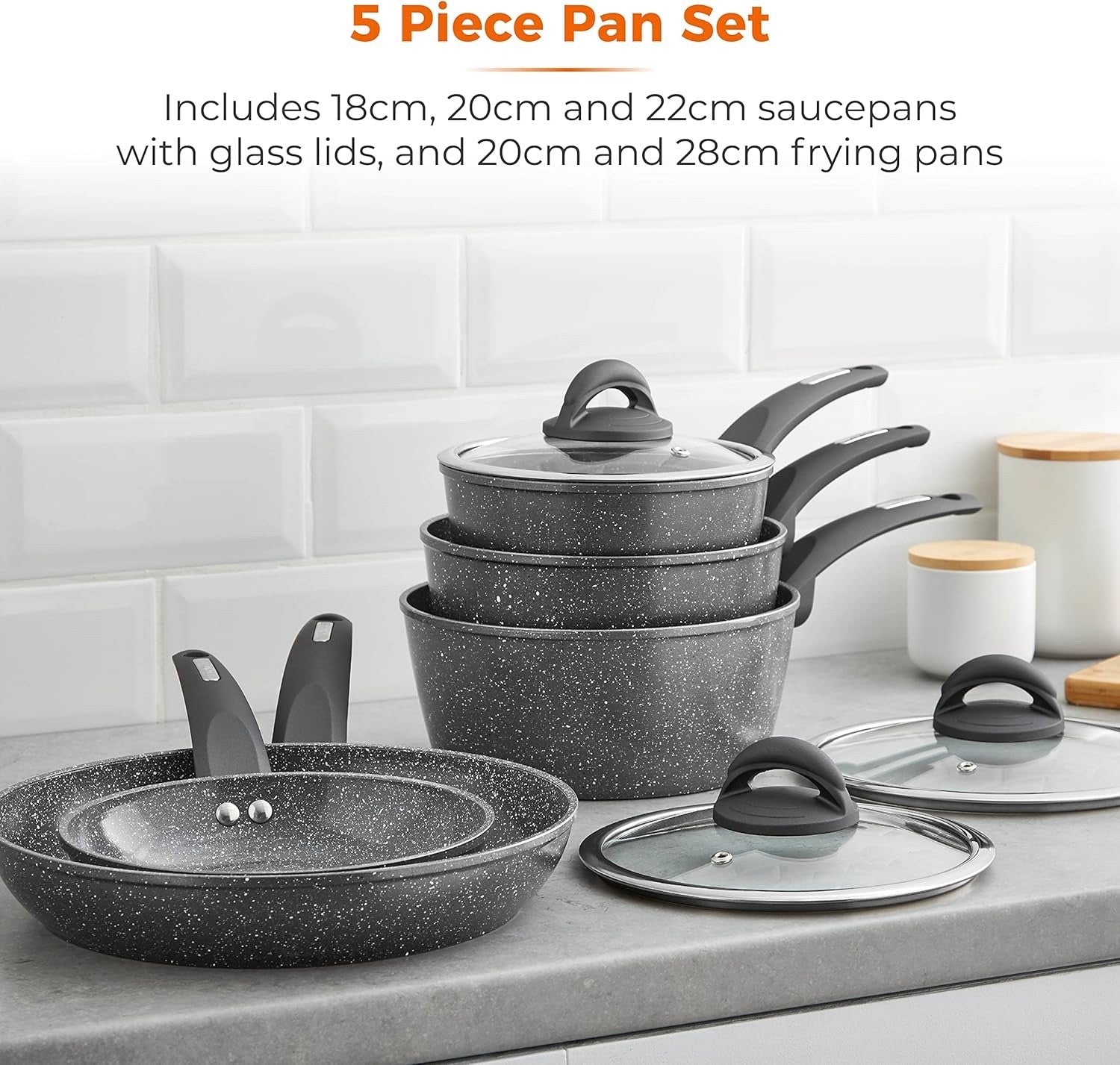 5pc Graphite Non Stick Cookware Set 18/20/22cm Saucepans 20/28cm Frying Pan