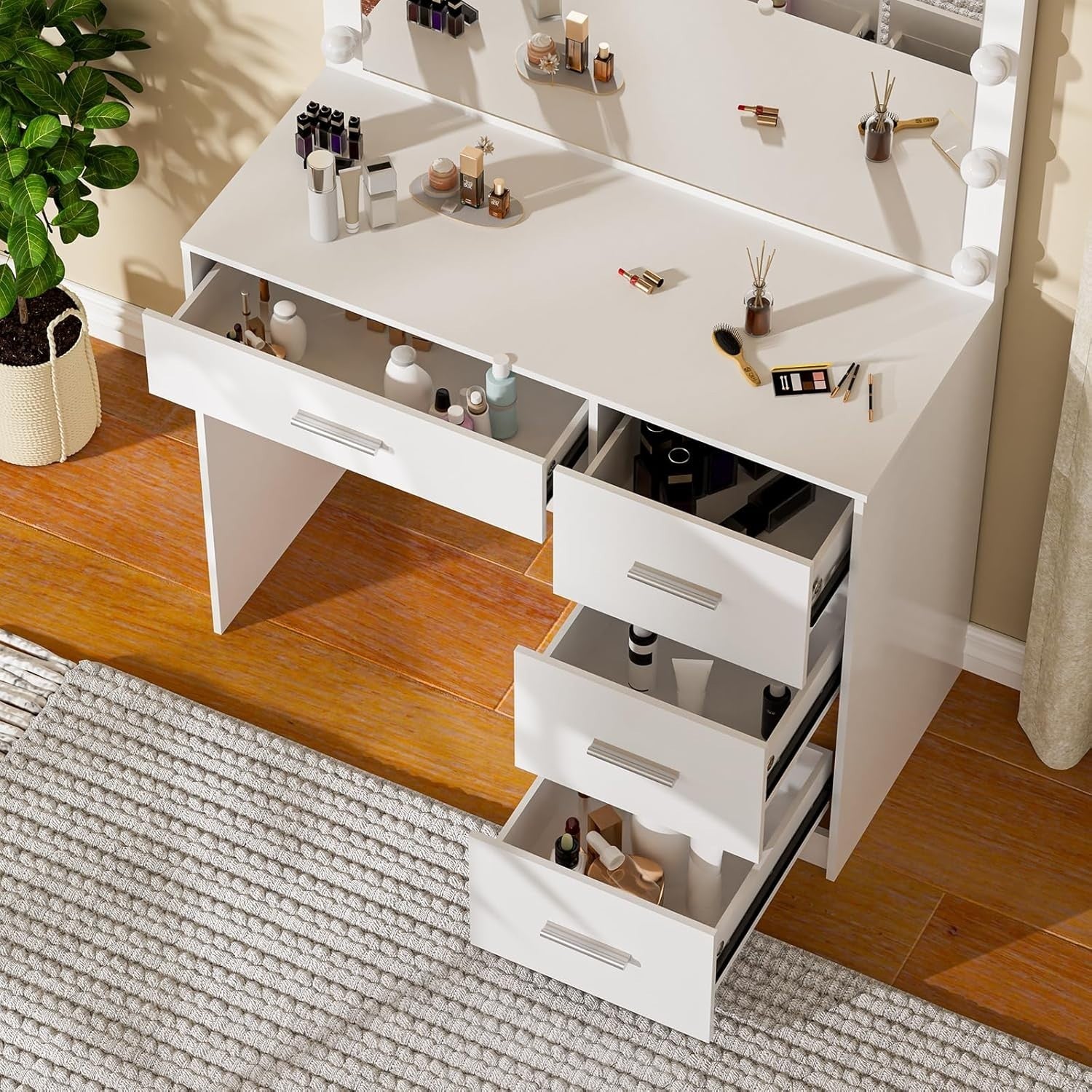 Vanity Dressing Table Desk with Mirror 11 LED Lights 4 Drawers White Wood Minima