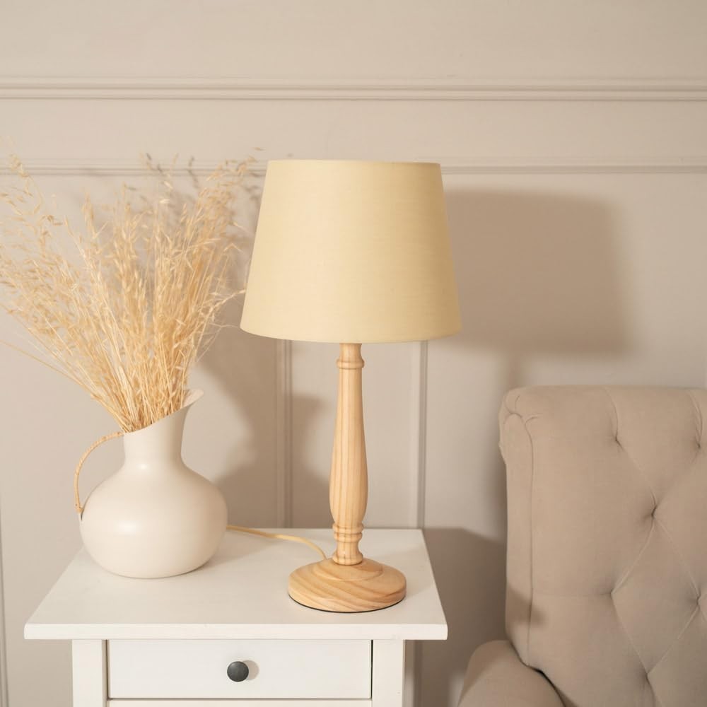 Wood Candlestick Table Lamp Beige Shade Bedside Living Room LED Bulb