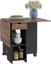 Folding Drop Leaf Dining Table with Drawer Shelves Rustic Brown Space Saver