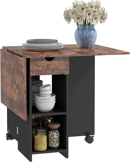 Folding Drop Leaf Dining Table with Drawer Shelves Rustic Brown Space Saver