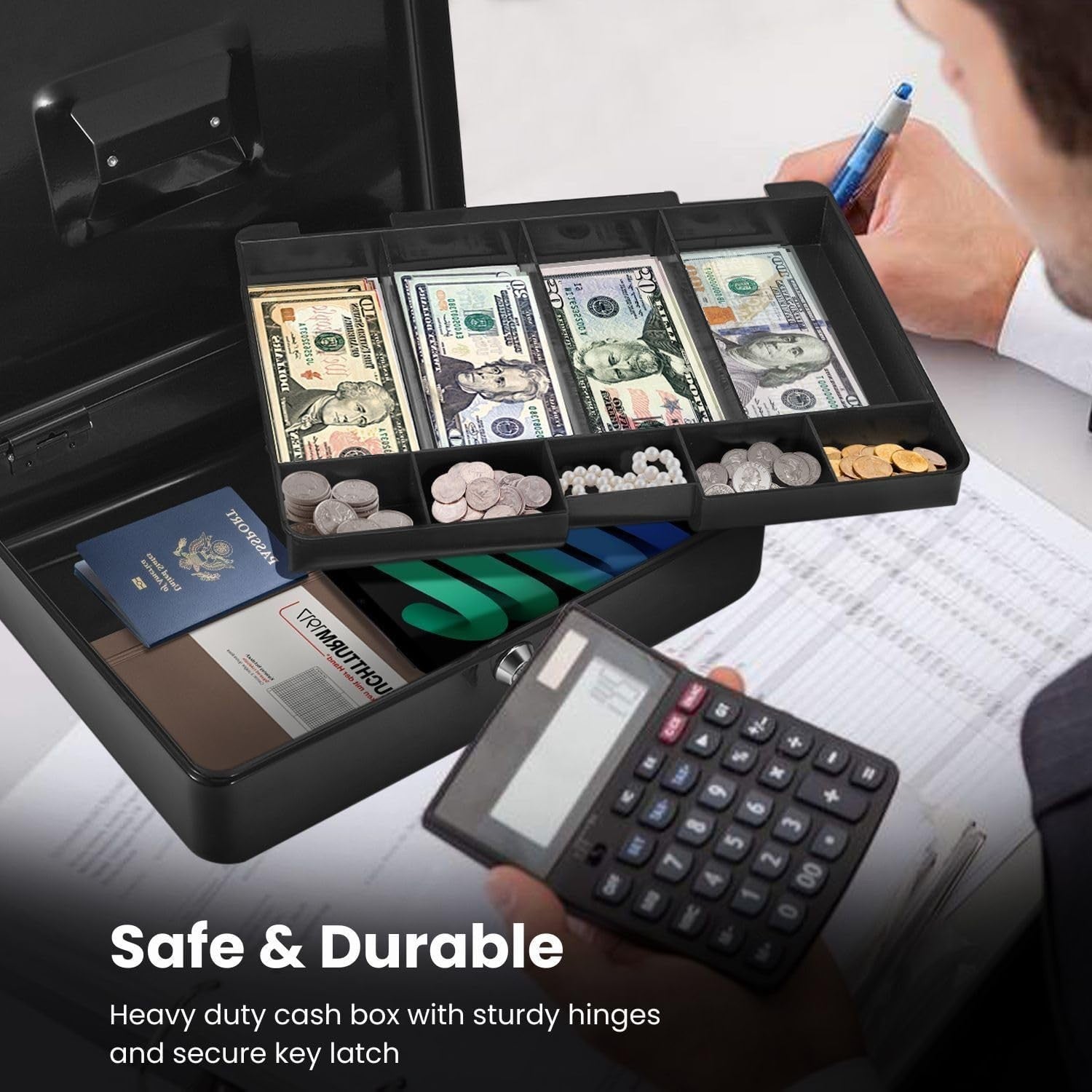 Locking Cash Box Money Tray Portable Coin Bill Storage Organizer