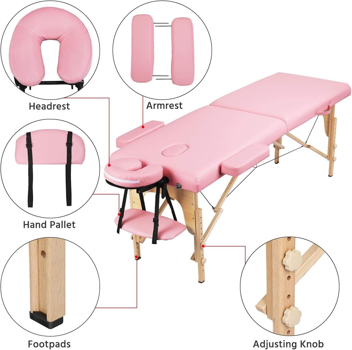 60cm Portable Pink Massage Table | Foldable Wooden Lash Beauty Bed 2-Section