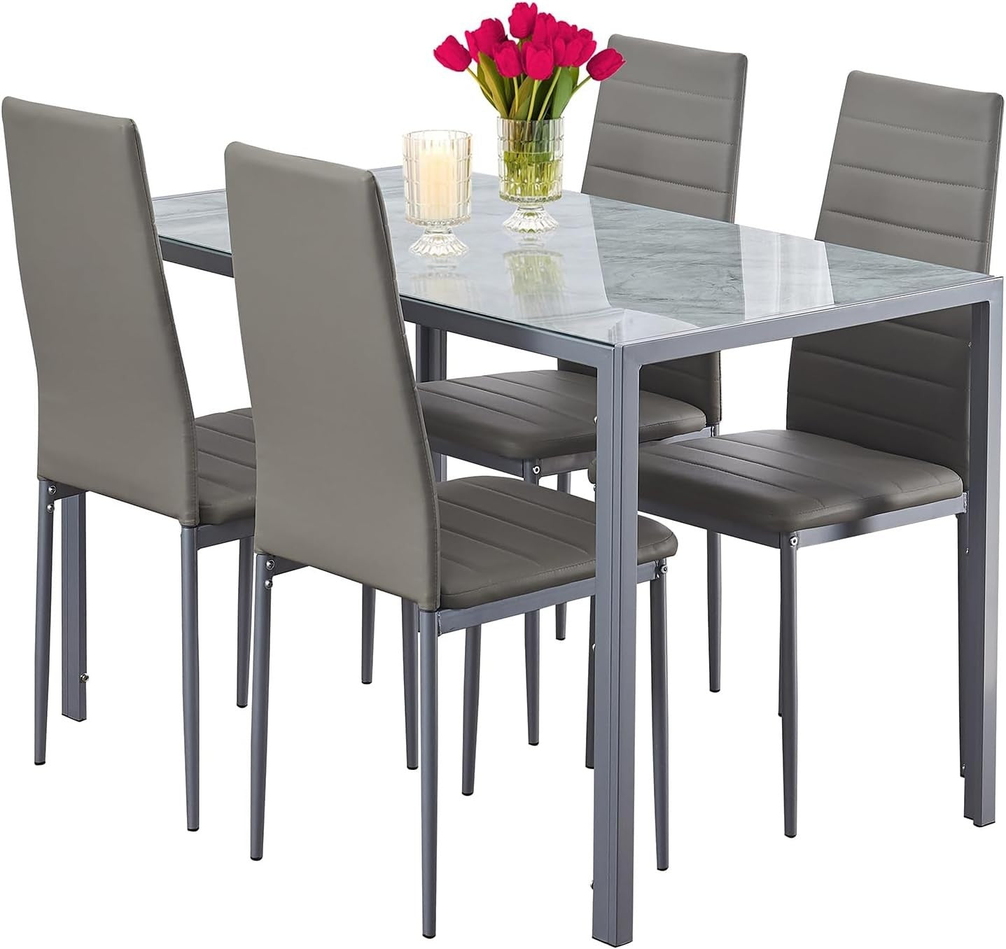 Marble Glass Dining Table Set 4 Chairs Grey Faux Leather Compact 5PC