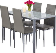 Marble Glass Dining Table Set 4 Chairs Grey Faux Leather Compact 5PC