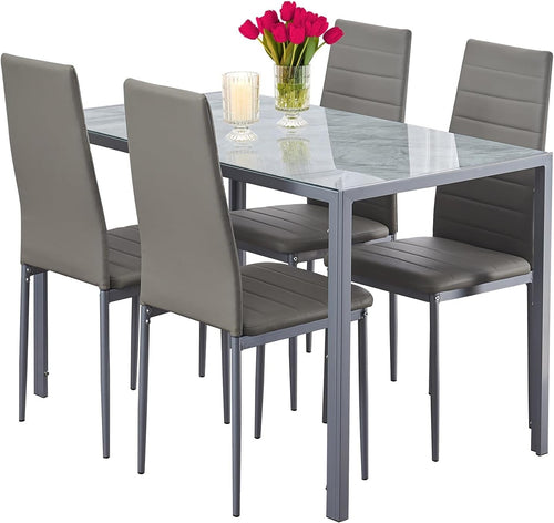 Marble Glass Dining Table Set 4 Chairs Grey Faux Leather Compact 5PC