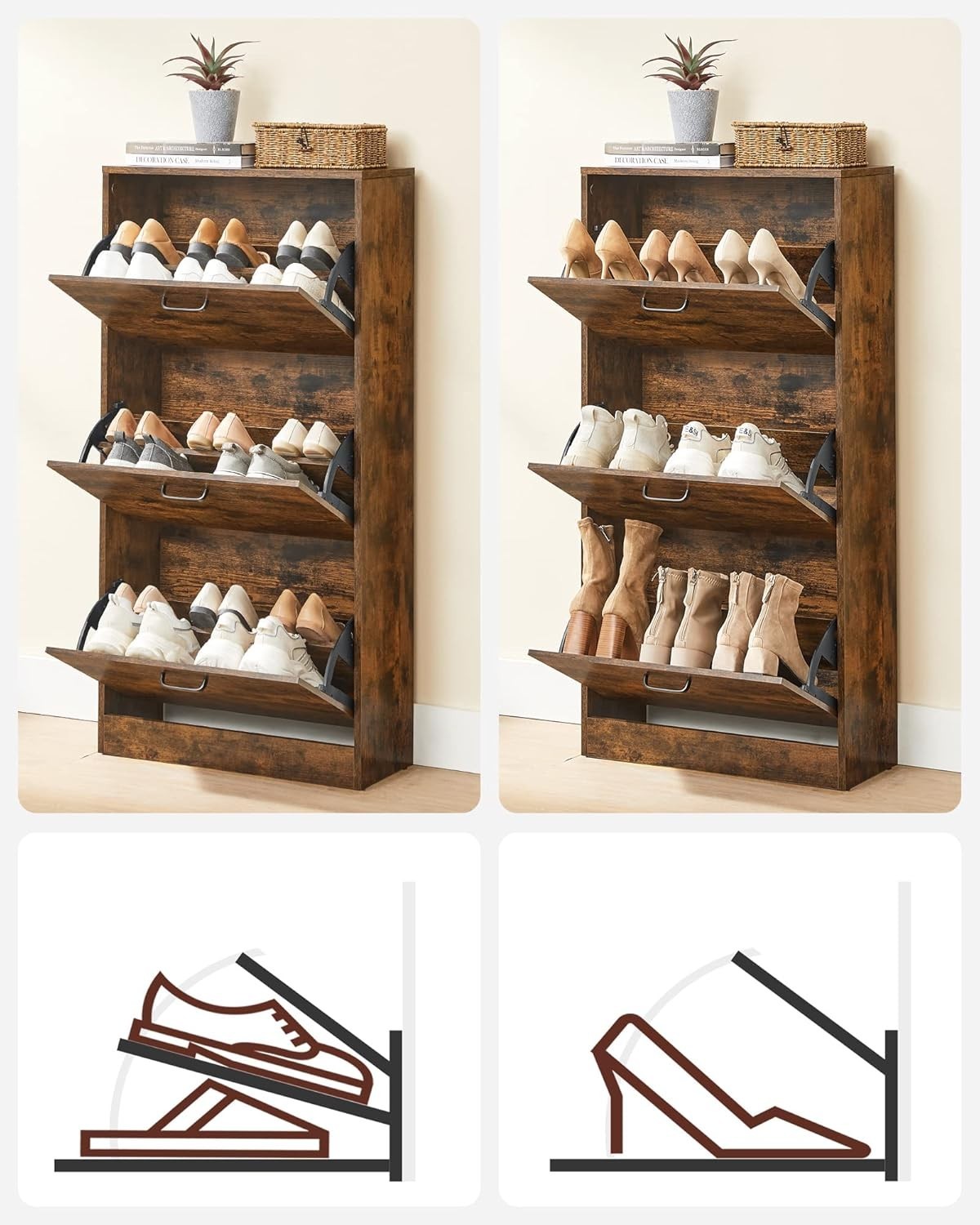 3-Tier 3-Flip-Door Shoe Cabinet, Slim Storage Rack 60x24x120 cm Rustic Brown