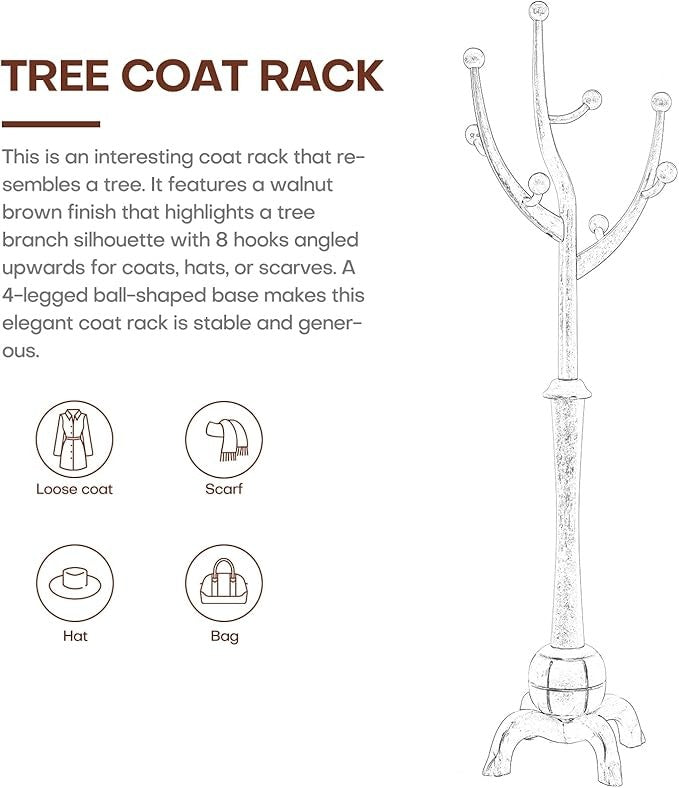 Solid Wood Coat Rack Stand 180cm Tree Design Hall Stand Walnut Finish