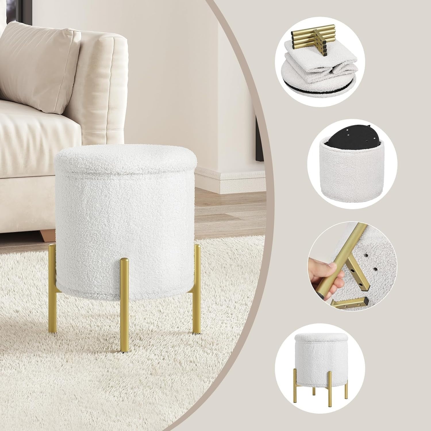 White Teddy Fleece Ottoman Stool with Storage Round Folding Seat 41cm