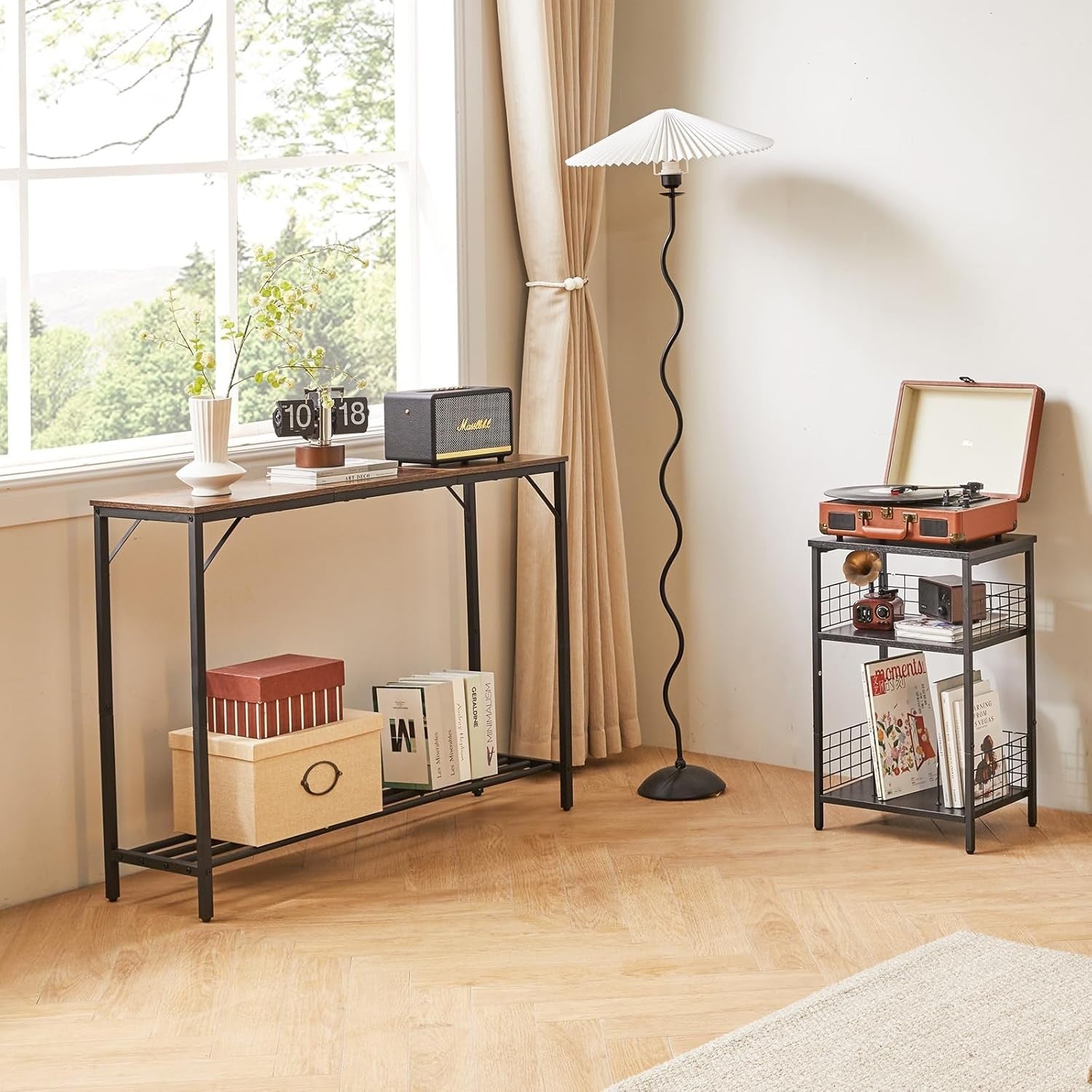 Rustic Brown Slim Console Table 107cm Metal Frame Sofa Hallway Table