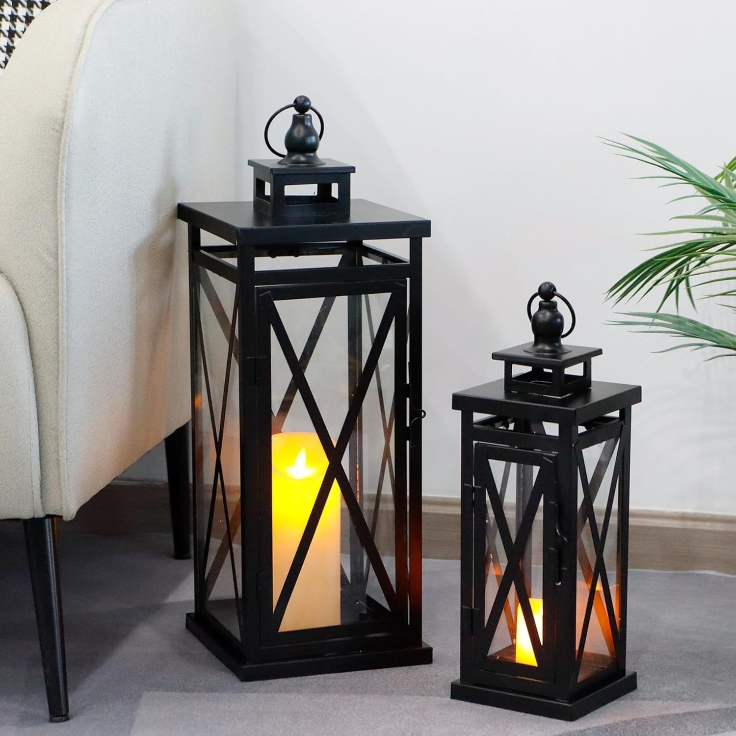 Set of 2 Black Metal Candle Lanterns Home Garden Decor
