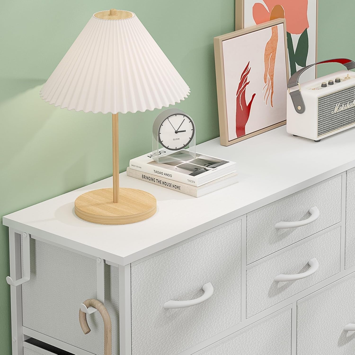 White 10-Drawer Tall Chest Fabric Drawers with Side Hooks & Storage Pockets