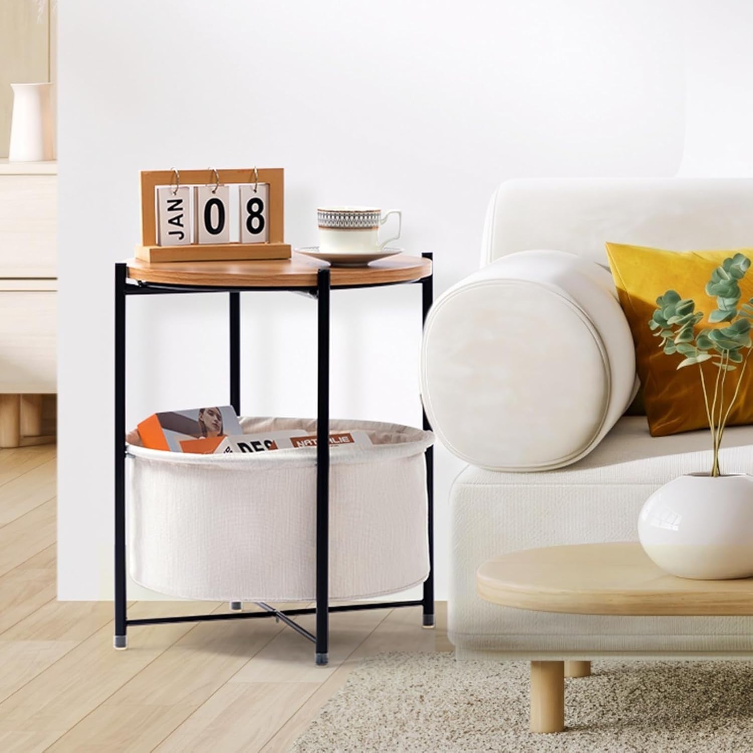 Round Side Table with Fabric Basket Storage Small Coffee Sofa Table