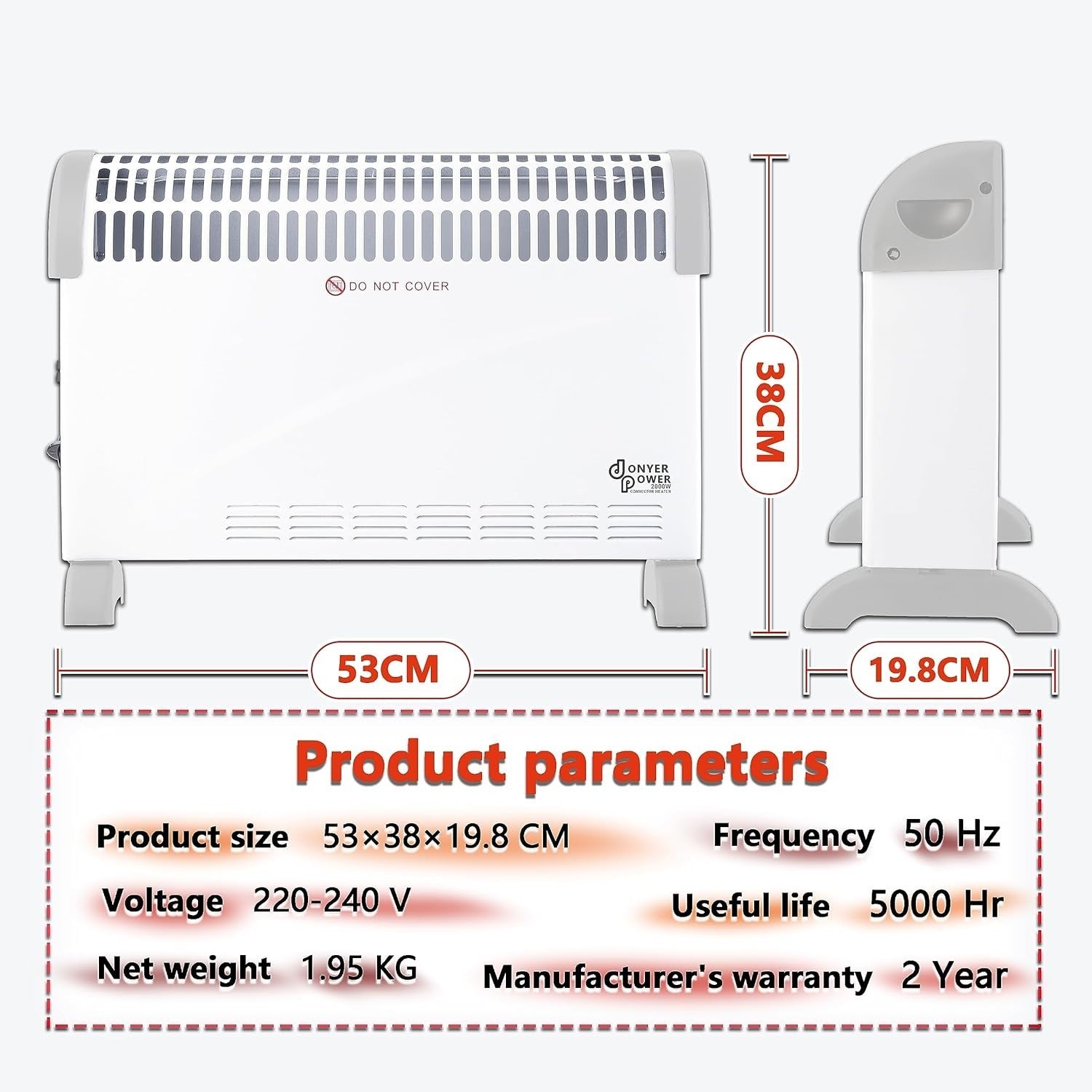 2000W Oil-Free Convector Heater | Adjustable Thermostat, 24H Timer, Indoor