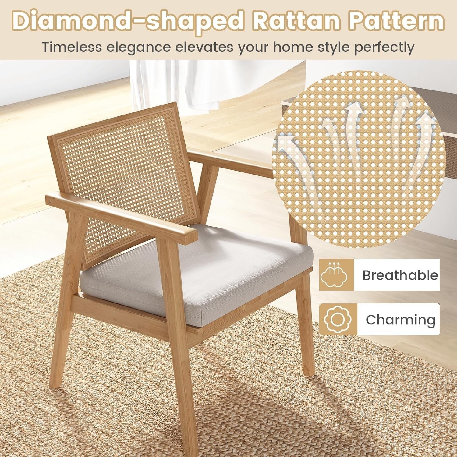 Set of 2 Rattan Accent Armchairs Solid Wood Frame Cushioned Lounge Chairs