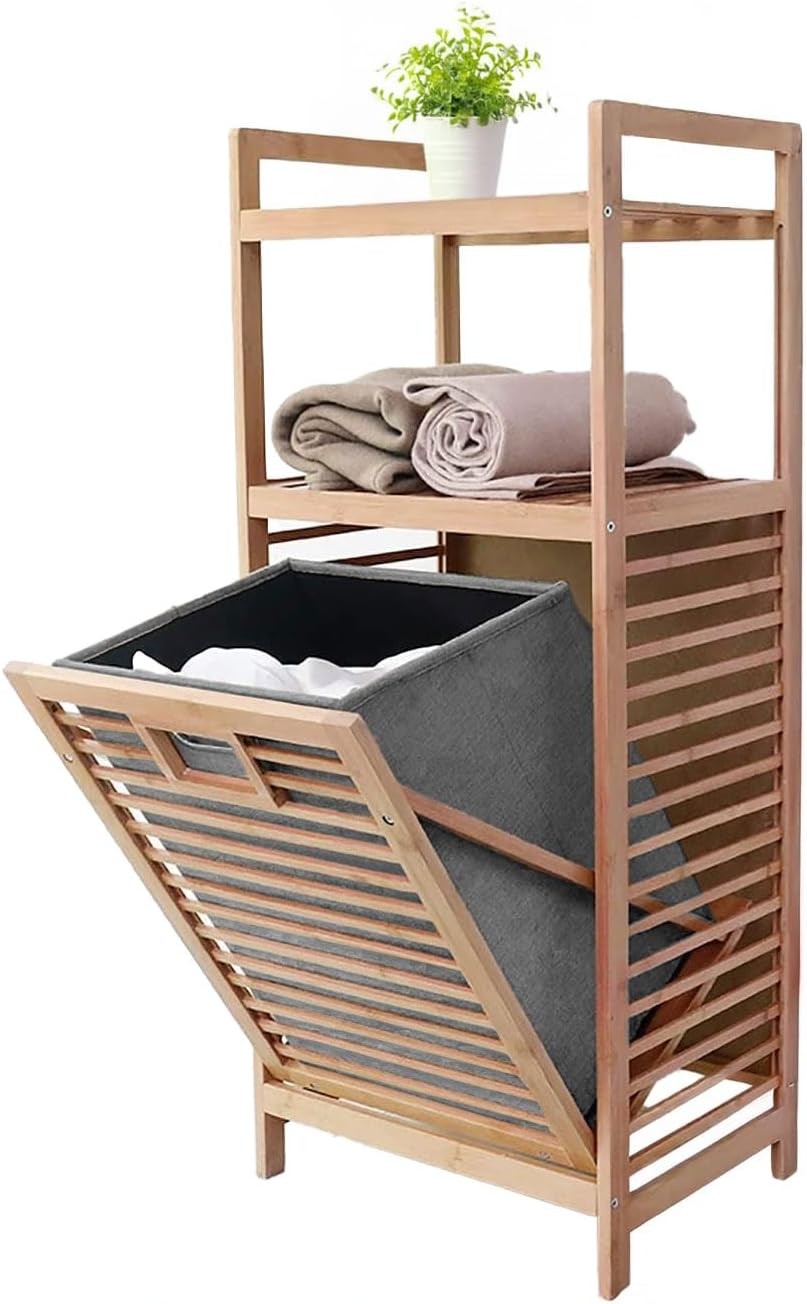 Bamboo Laundry Hamper Tilt Out Basket with Shelves Bathroom Storage Unit Descri