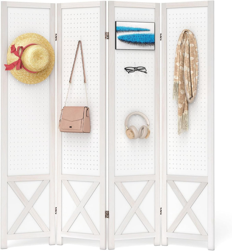 4 Panel White Wooden Folding Room Divider with Pegboard Display 162x170cm