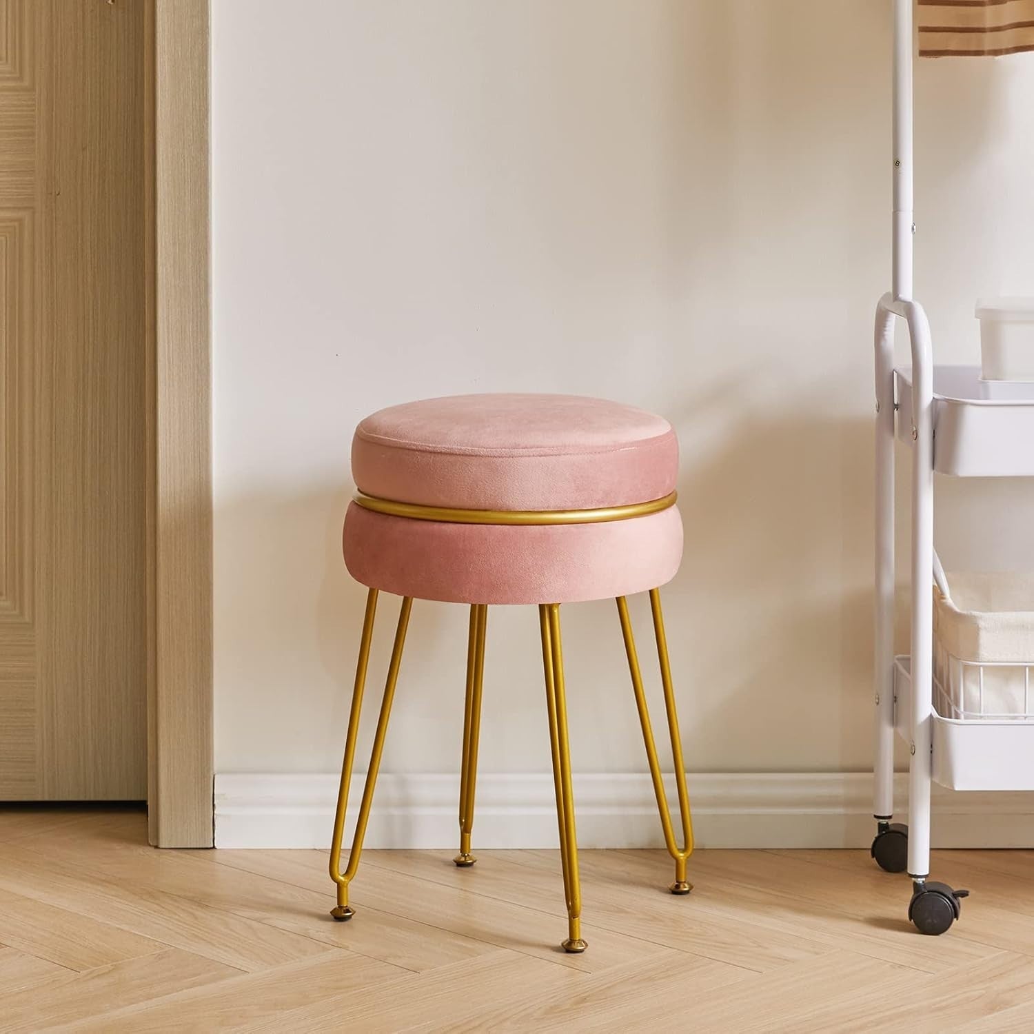 Pink Velvet Round Footstool Ottoman with Gold Legs – Modern Vanity Stool