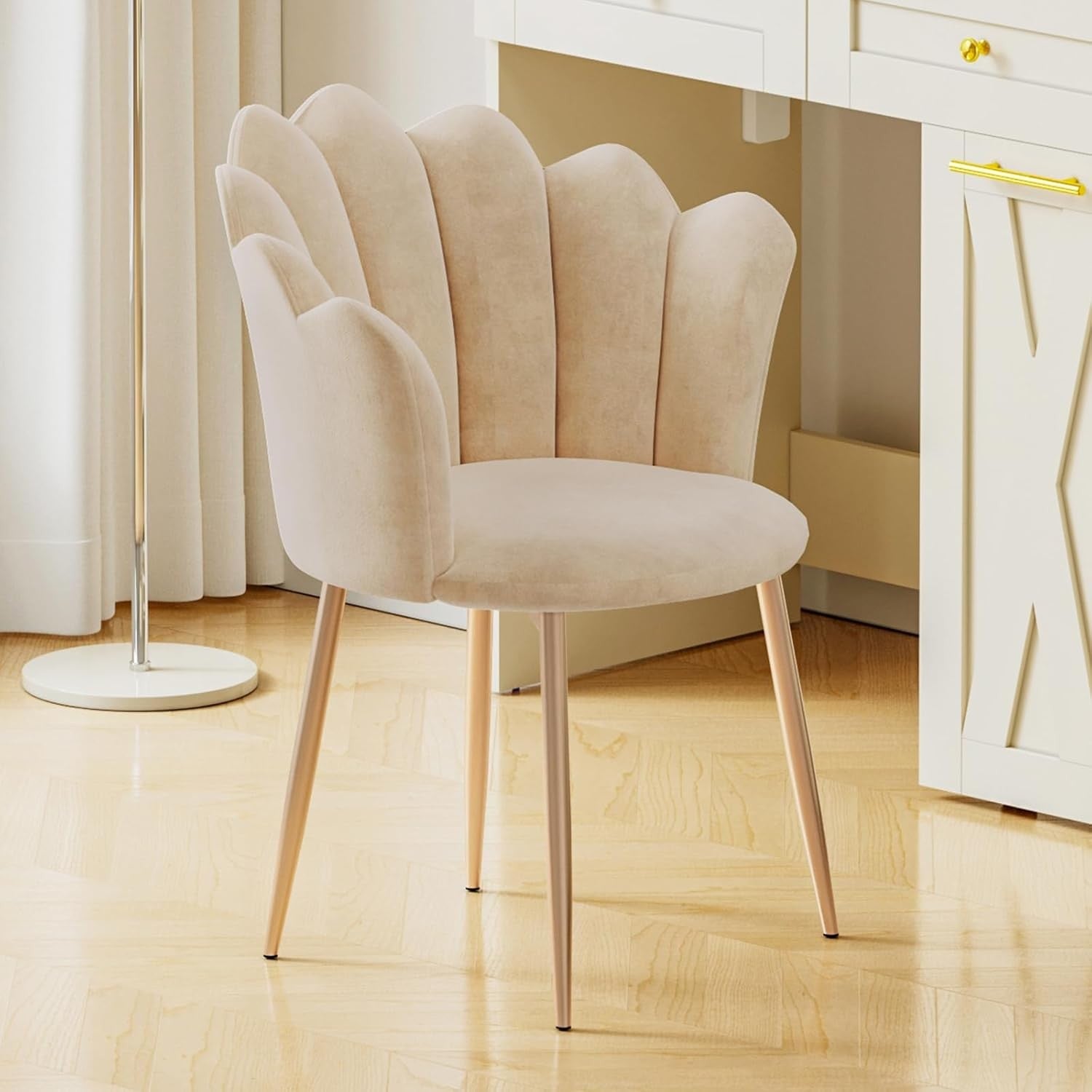 Velvet Vanity Chair Shell Back Gold Metal Legs Beige