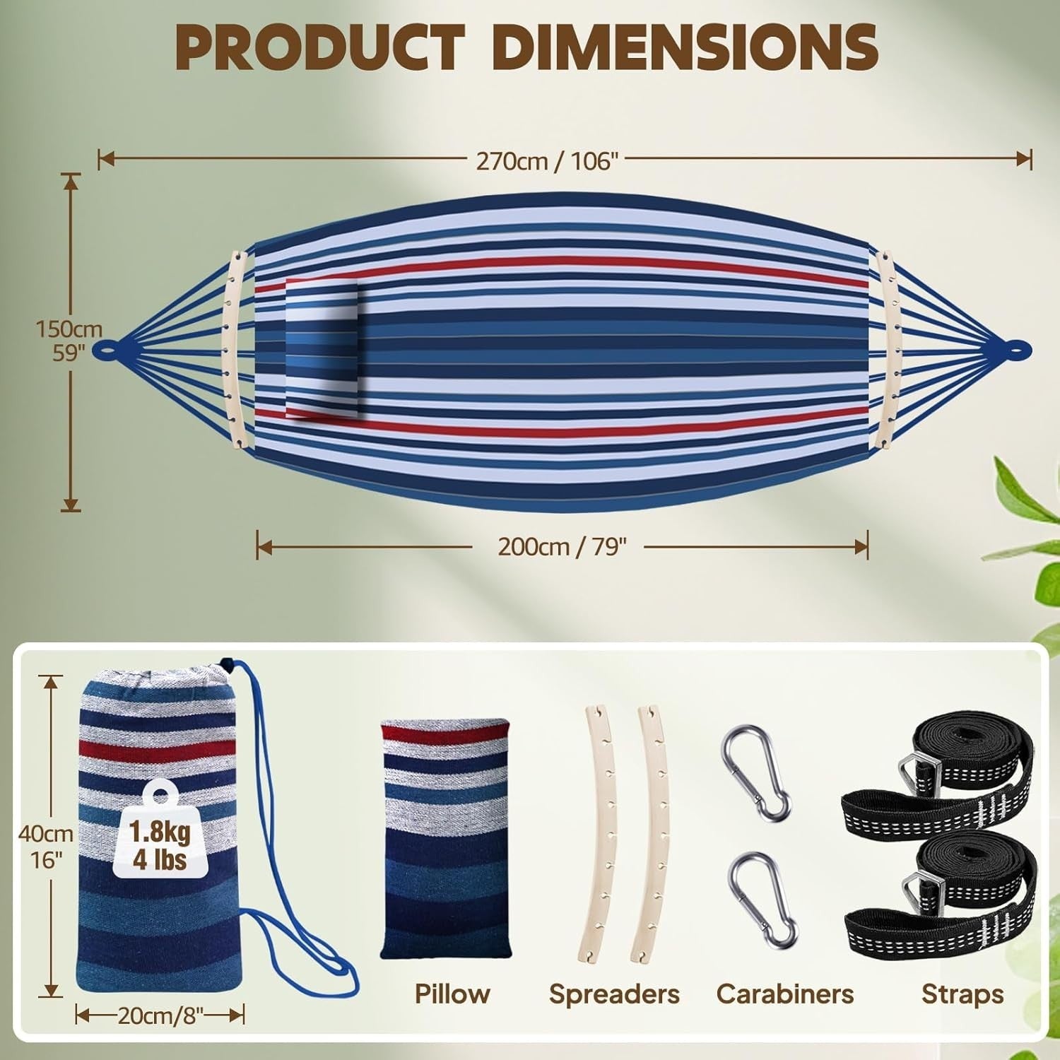 Heavy-Duty Cotton Hammock with Pillow & Spreader Bar 300kg Outdoor Garden