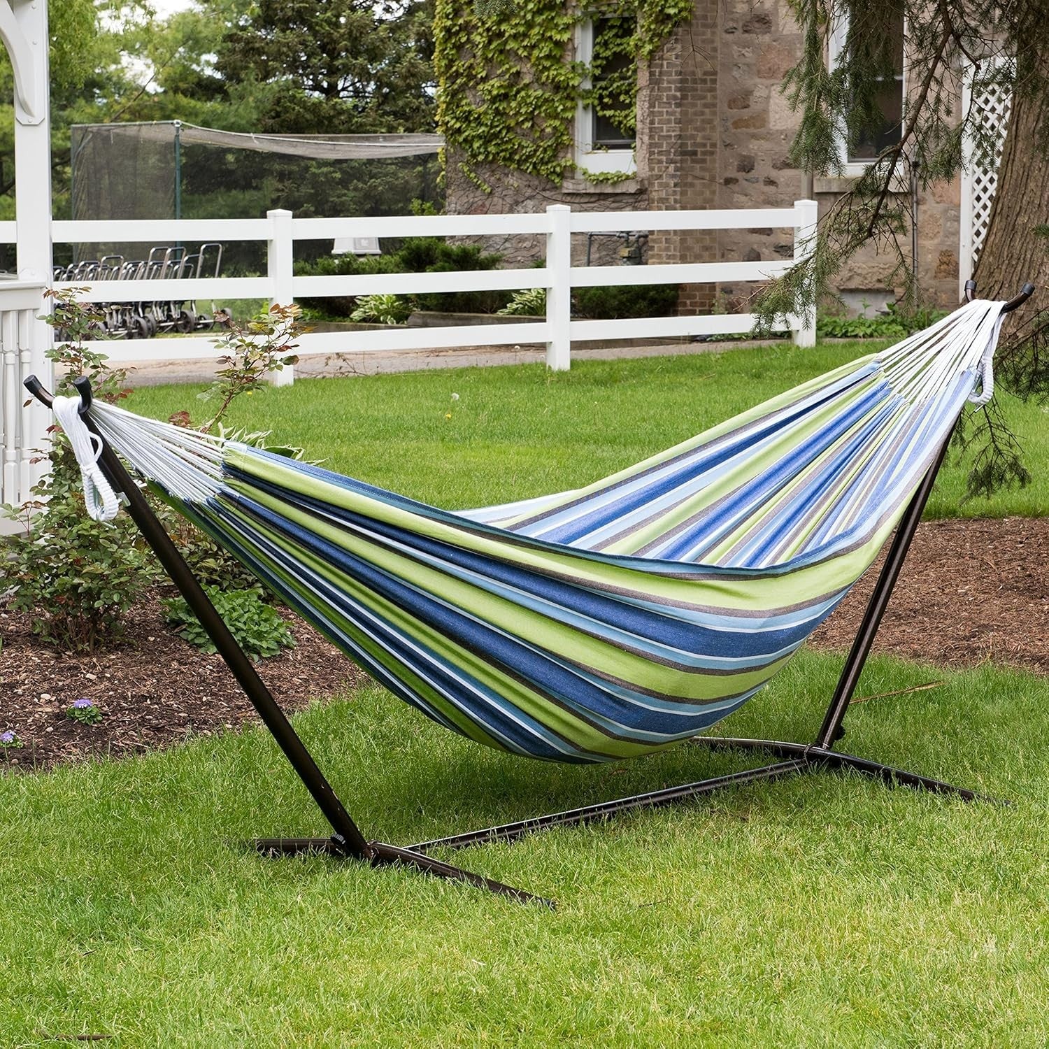 Double Cotton Hammock with Stand 204kg Capacity Portable Indoor Outdoor Relax