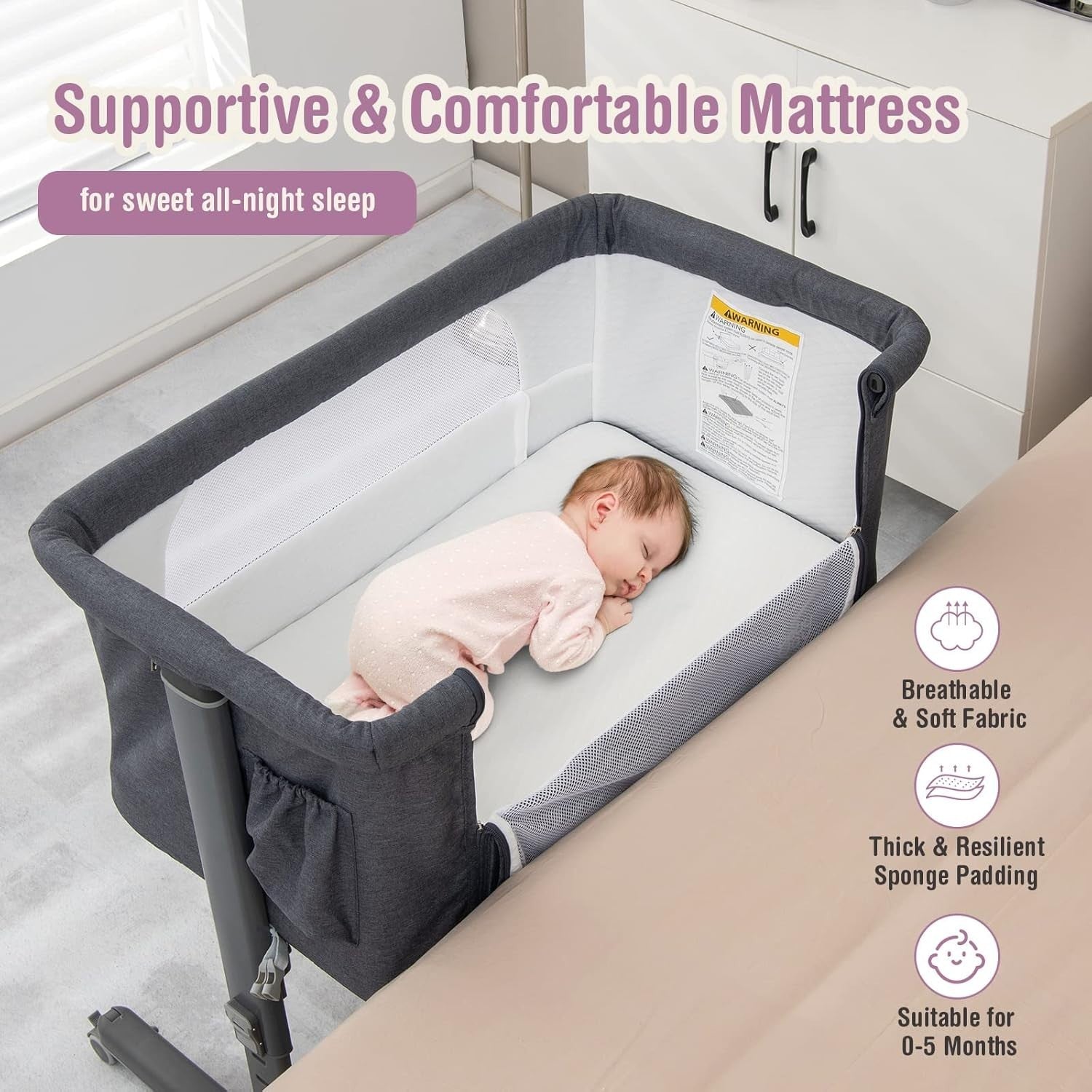 3in1 Baby Bassinet Bedside Crib Co-Sleeper Cot with Mattress & Wheels Grey