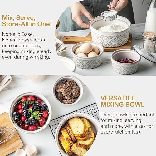 Ceramic Mixing Bowls with Airtight Lids Nesting Salad Prep Storage Set