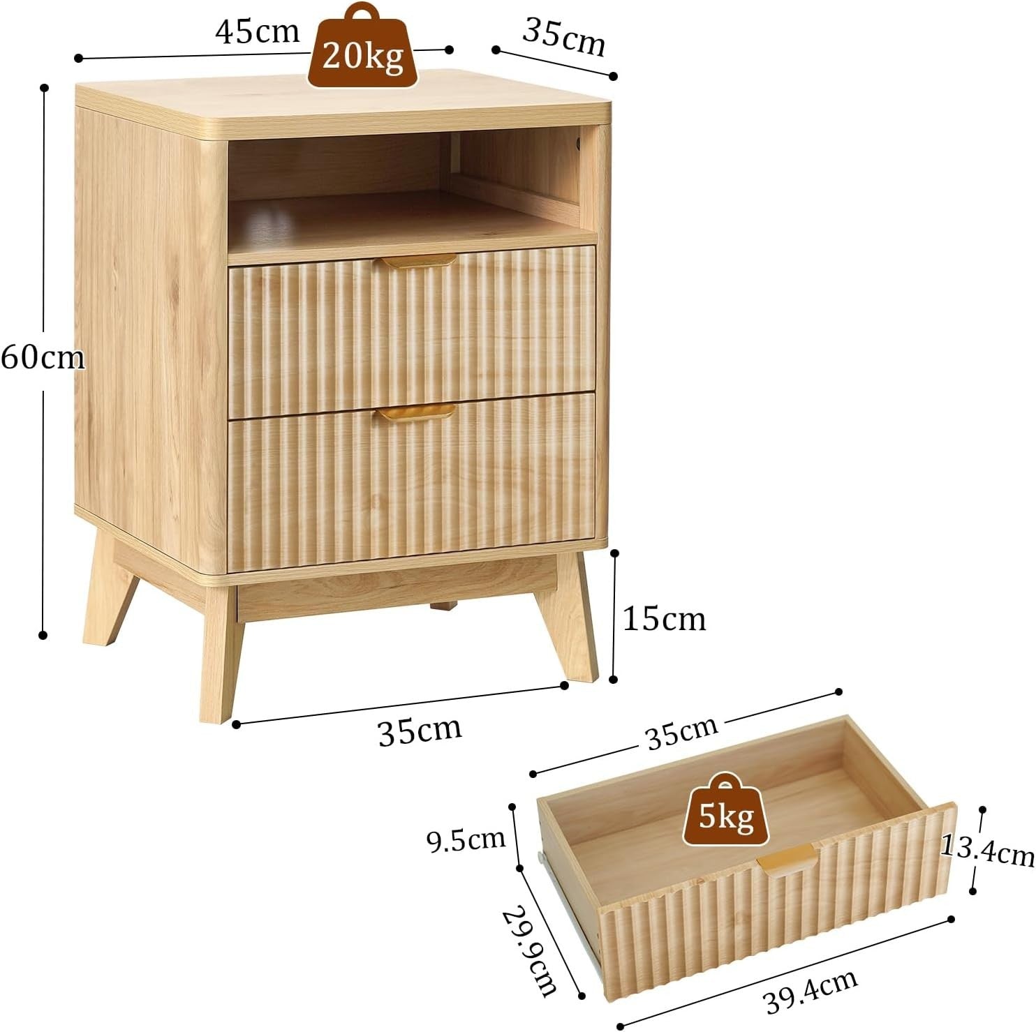 Natural Wood Bedside Table with 2 Drawers & Open Shelf