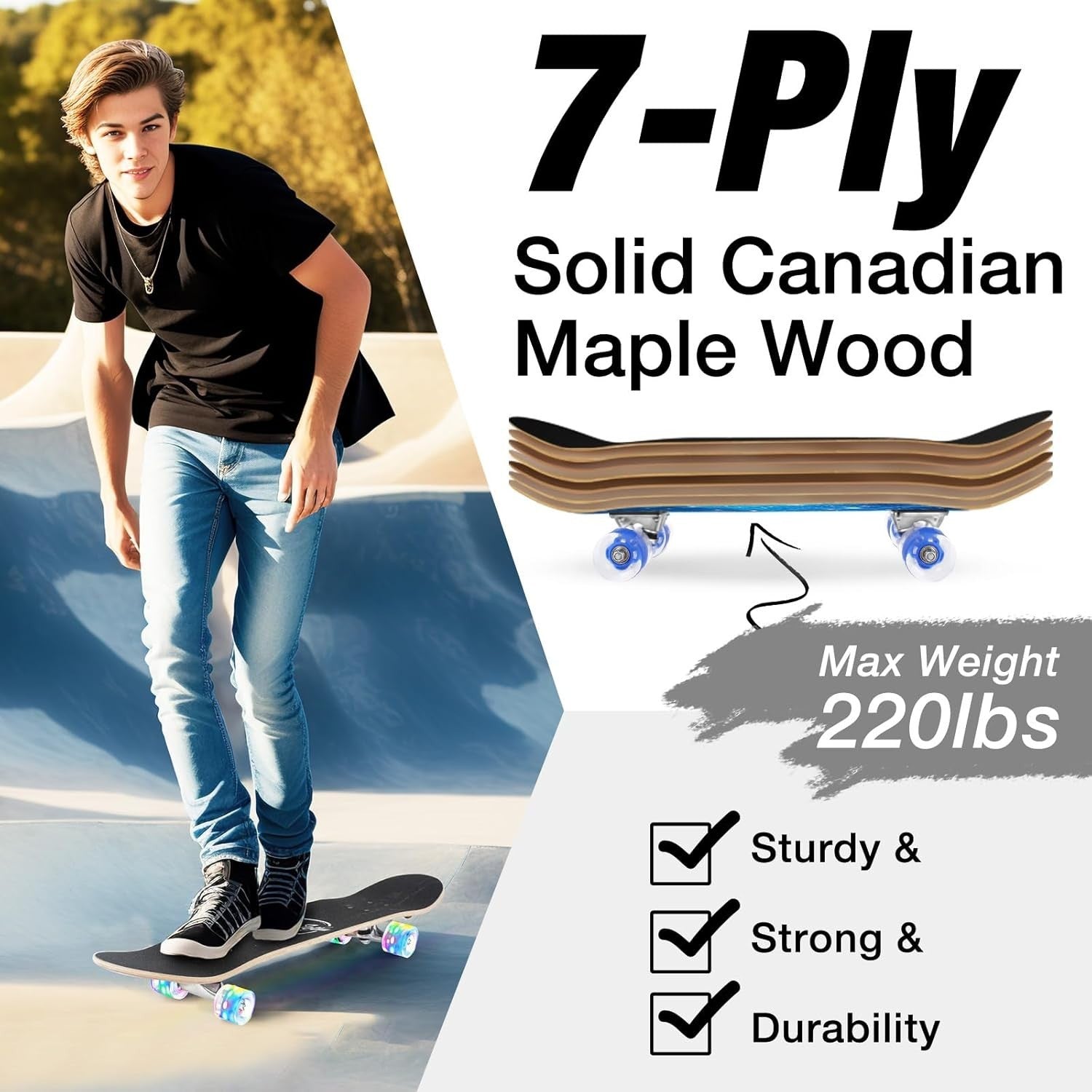 31x8 Complete Skateboard Maple Deck Double Kick Kids Teen Adult Galaxy Blue