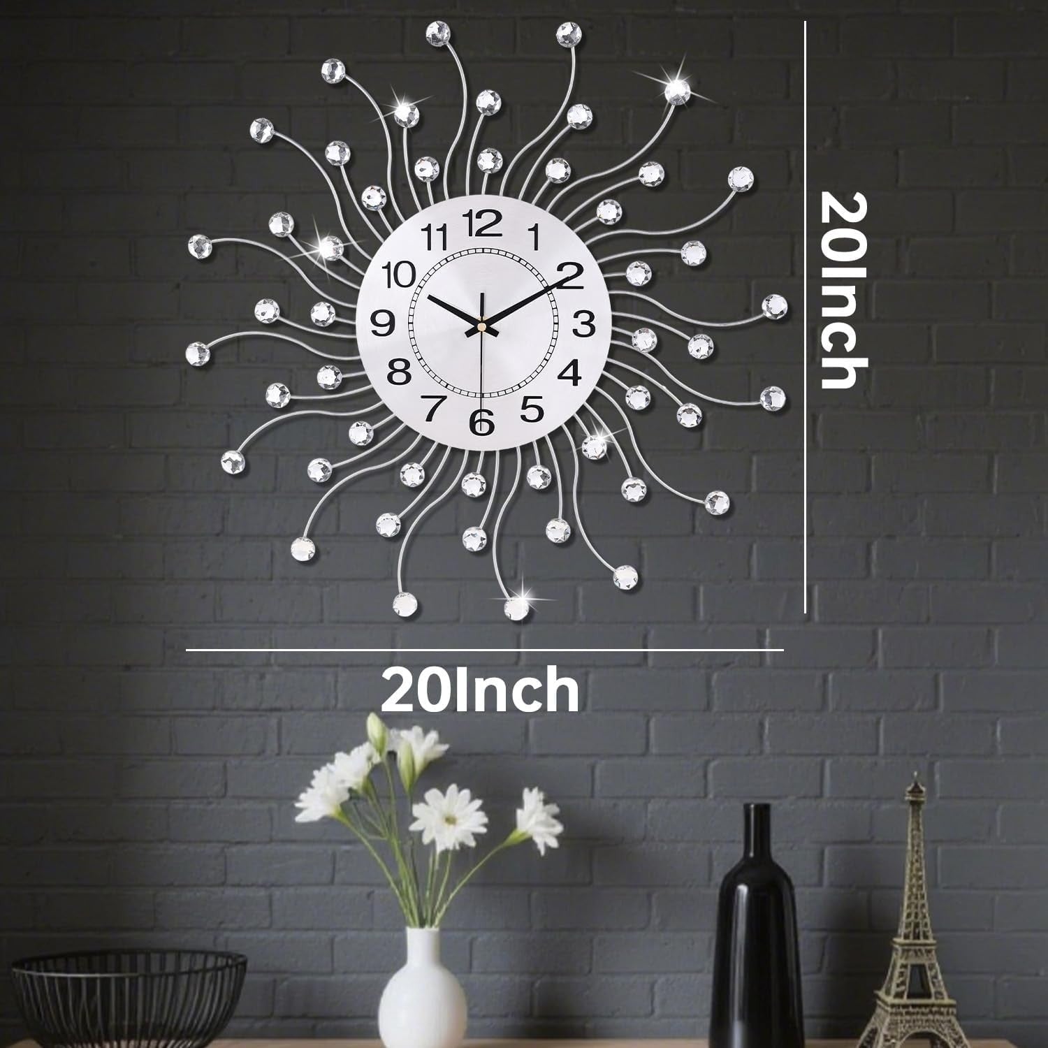 Modern Large Wall Clock 20" Silver Crystal Silent Non-Ticking Home Decor