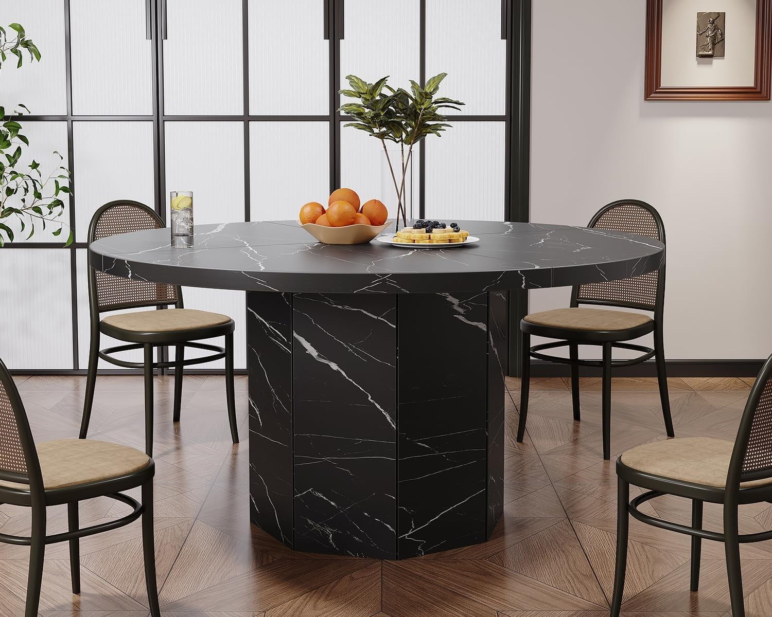 Round Black Marble Dining Table 4-6 Seater Modern Kitchen 120cm