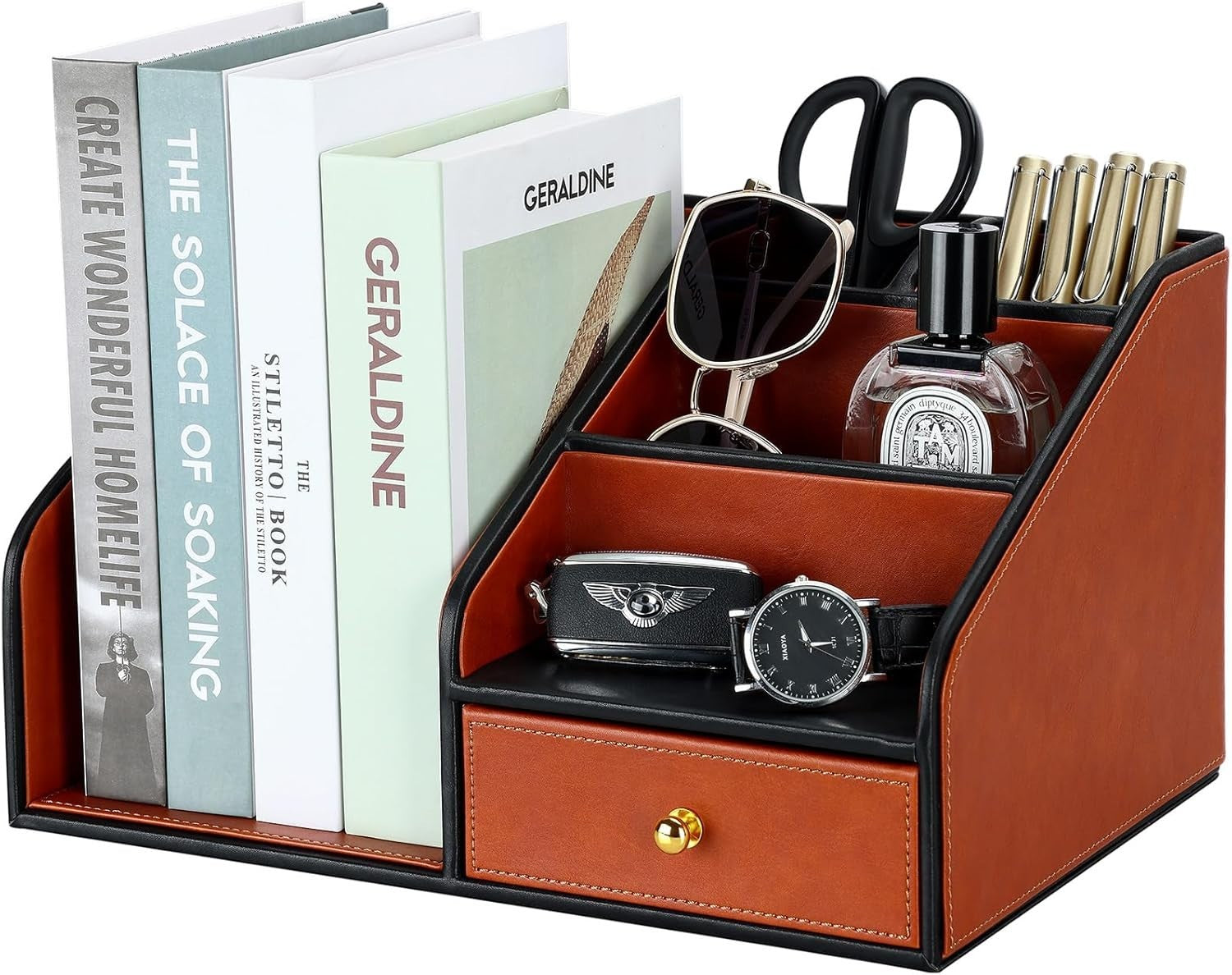PU Leather Desk Organizer with A4 Magazine Rack & Pen Holder 33x28x18cm