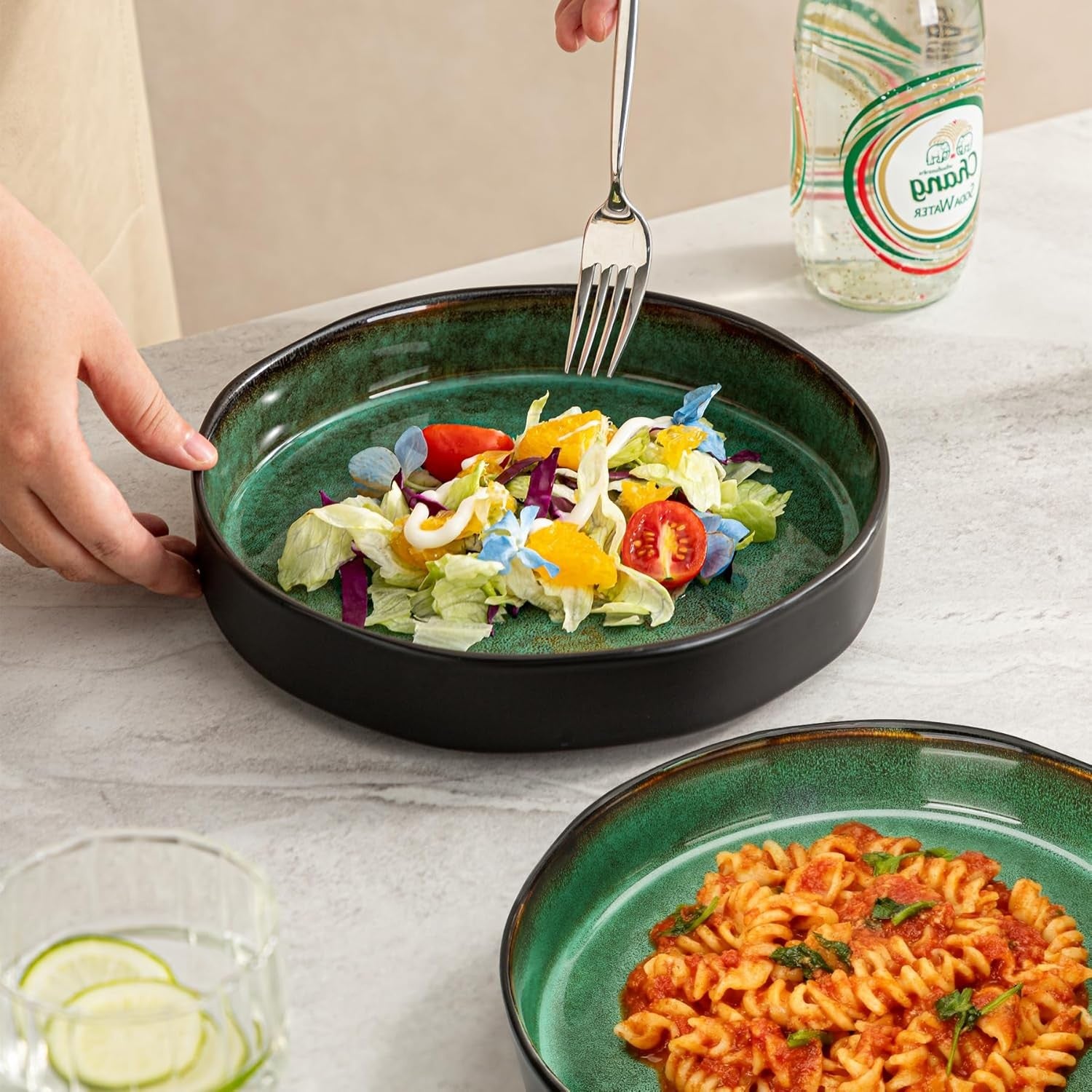 4pc Large Pasta Bowls 1000ml 22cm Deep Porcelain Plates Green Set