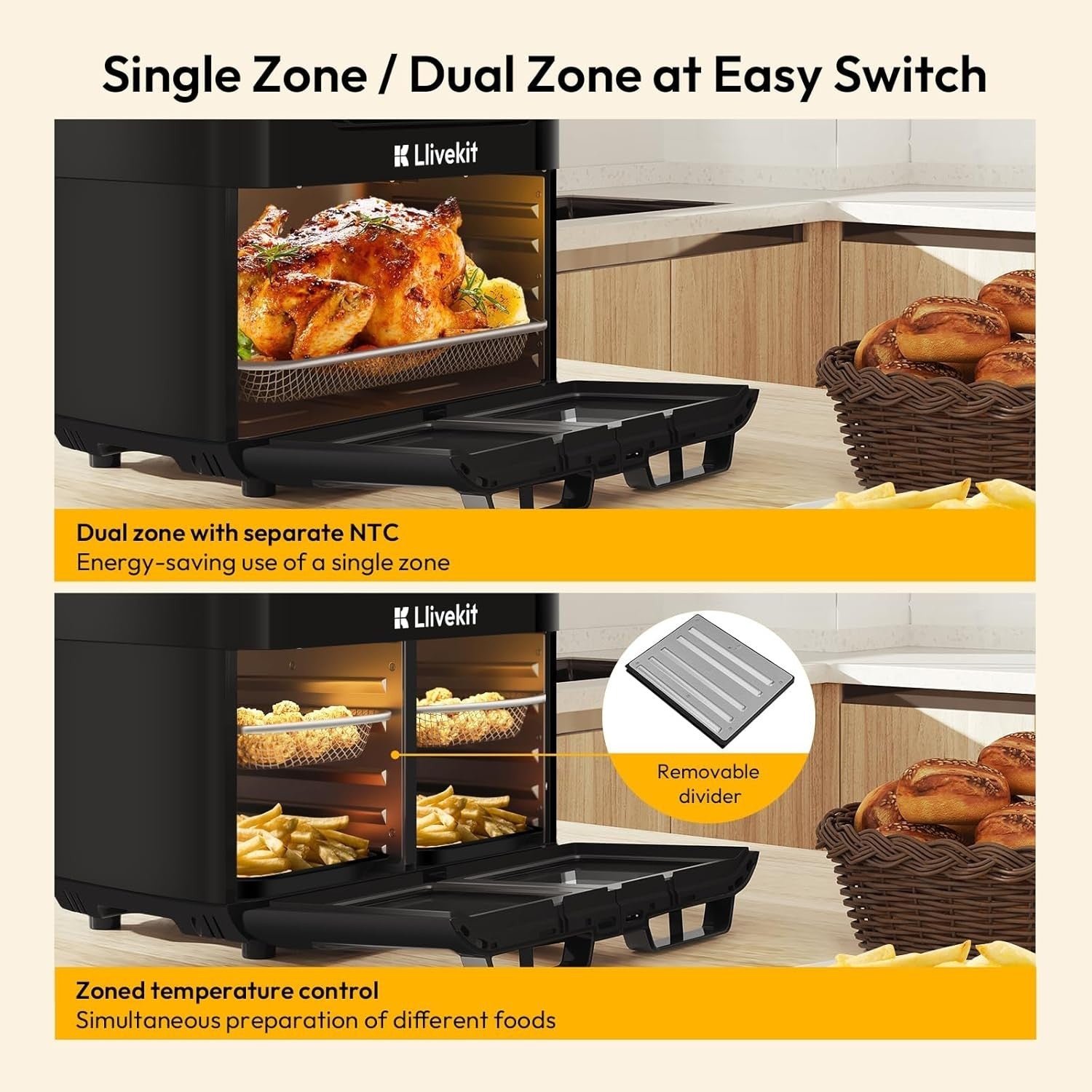 Dual Zone Air Fryer Oven 15L Rotisserie Sync Finish 12-in-1 2600W Window