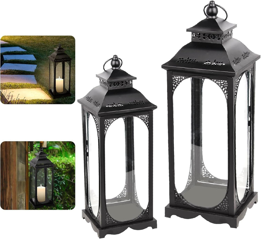 Set of 2 Black Garden Lanterns Steel Outdoor Candle Holders