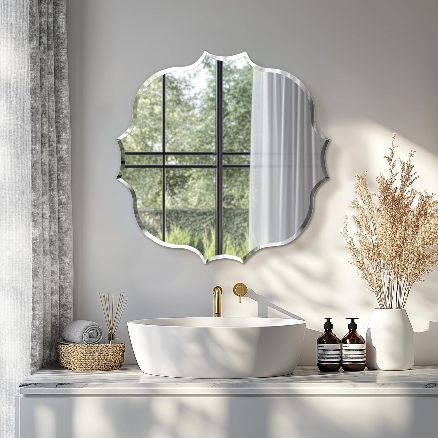 Irregular Wall Mirror 80x80cm Frameless Curved Glass for Bathroom Hallway