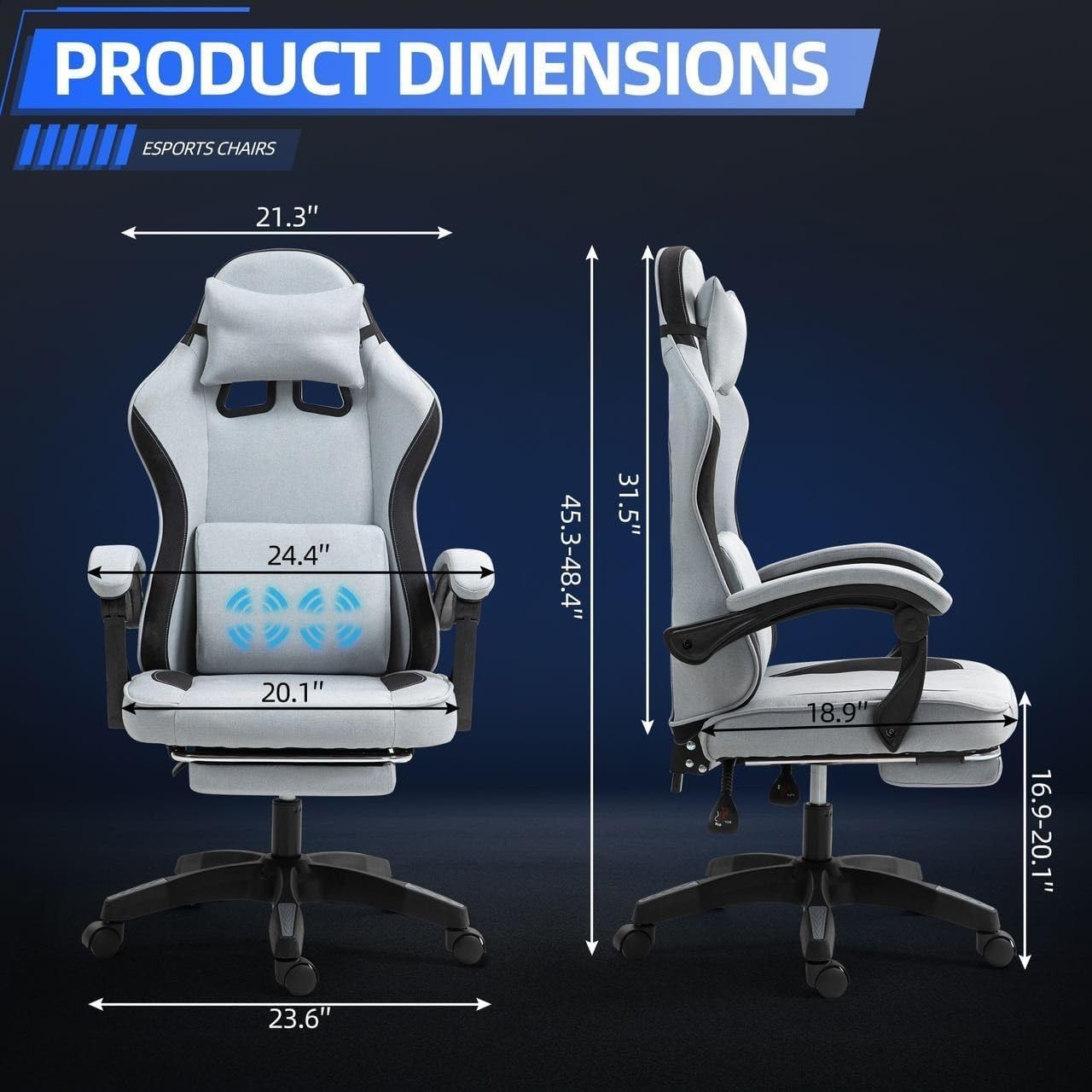 Fabric Gaming Chair Massage Recliner Footrest Ergonomic Adjustable Grey