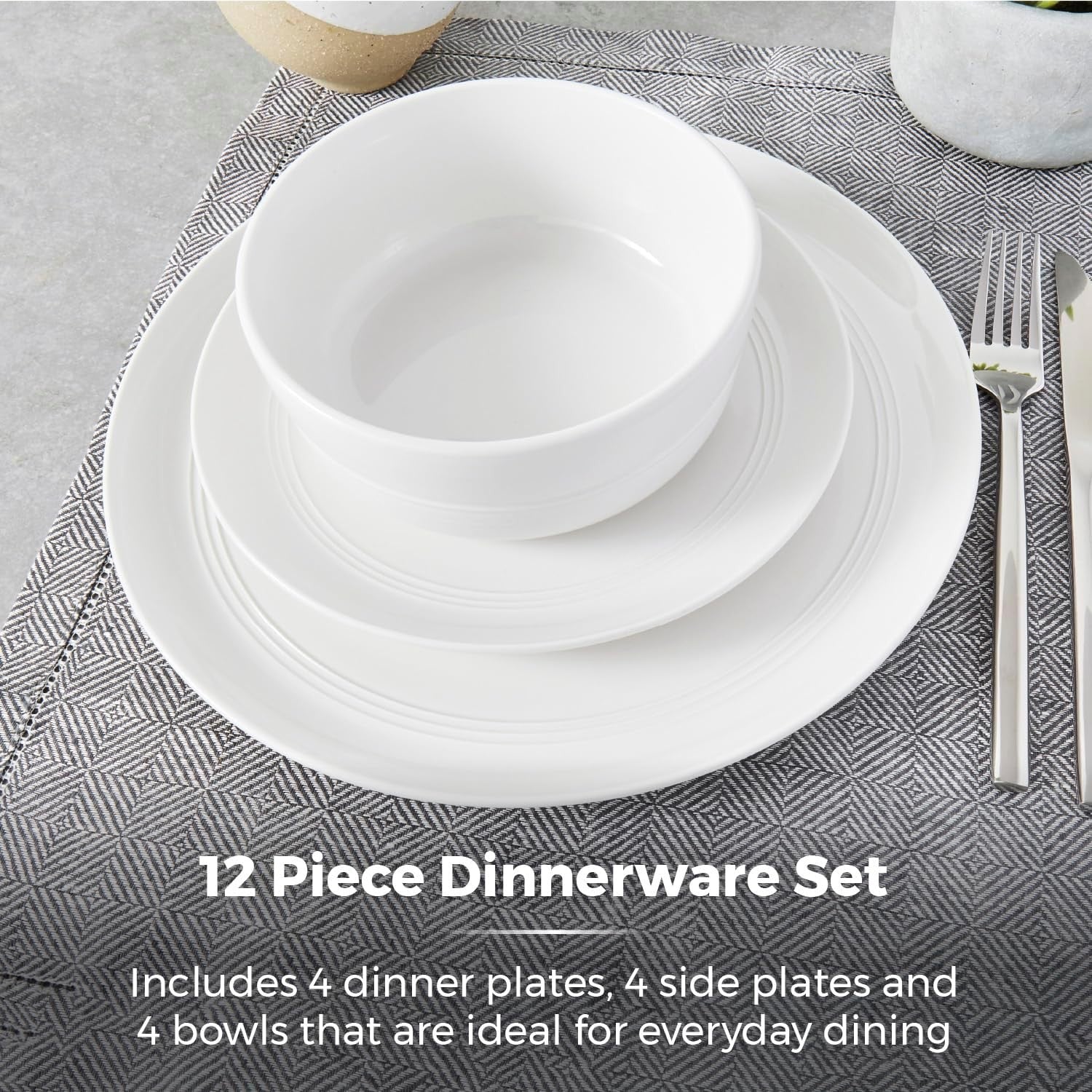 12pc Porcelain Dinner Set Plates Bowls White Microwave Dishwasher Safe