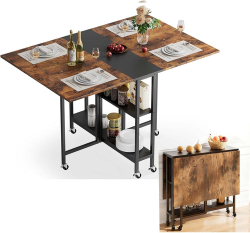 Foldable Space Saving Dining Table with Storage Shelves & Wheels for Small Rooms