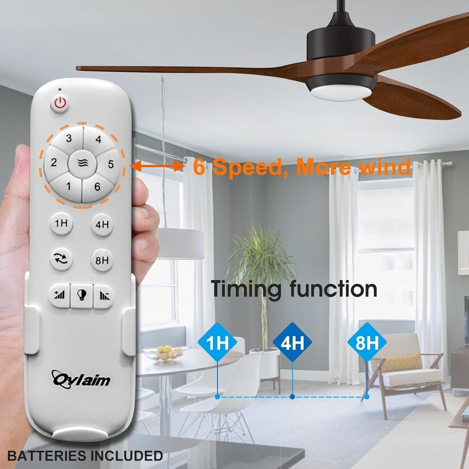 Ovlaim 132cm Wood Ceiling Fan, 3 Blades, LED Light, Quiet DC Motor, Remote
