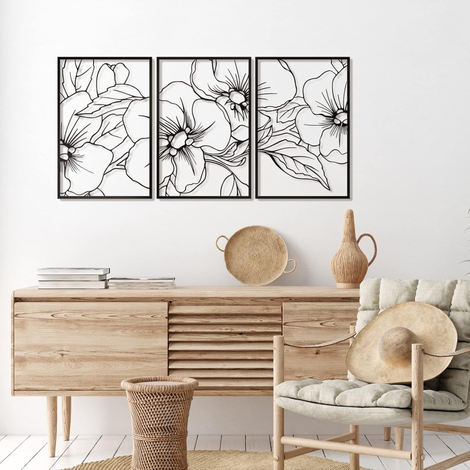 Black Minimalist Floral Wall Art 18x12in 3-Pack Metal Decor