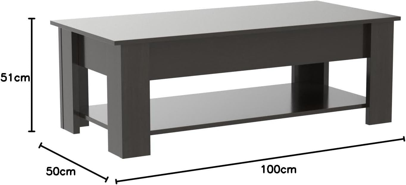 Lift Top Black Coffee Table 100x50cm with Hidden Storage & Magazine Shelf