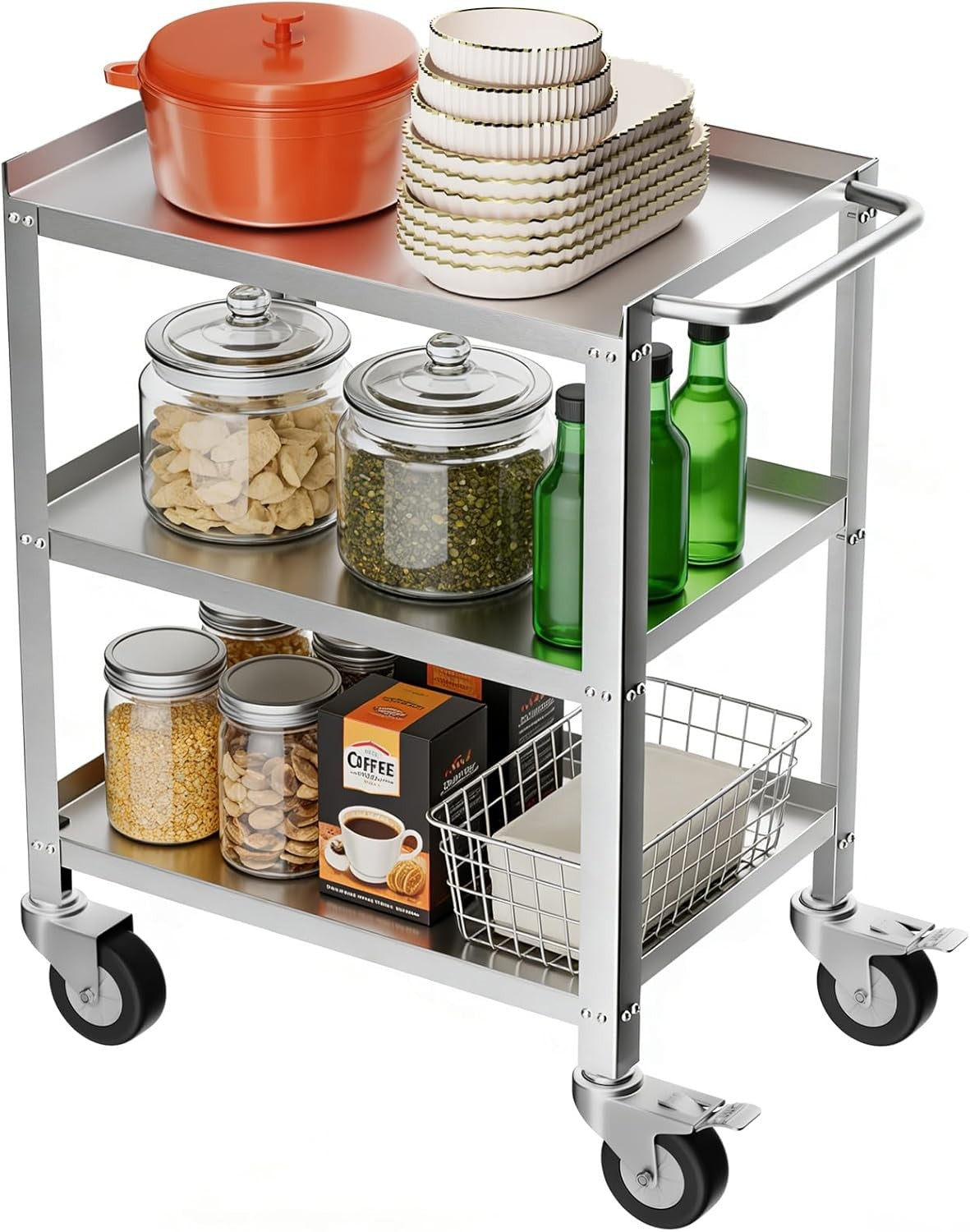 Stainless Steel Utility Cart 3 Tier Heavy Duty Serving Trolley Wheels
