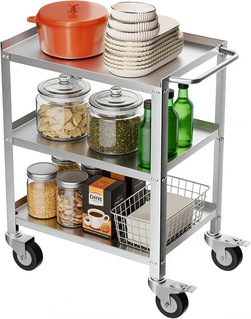 Stainless Steel Utility Cart 3 Tier Heavy Duty Serving Trolley Wheels