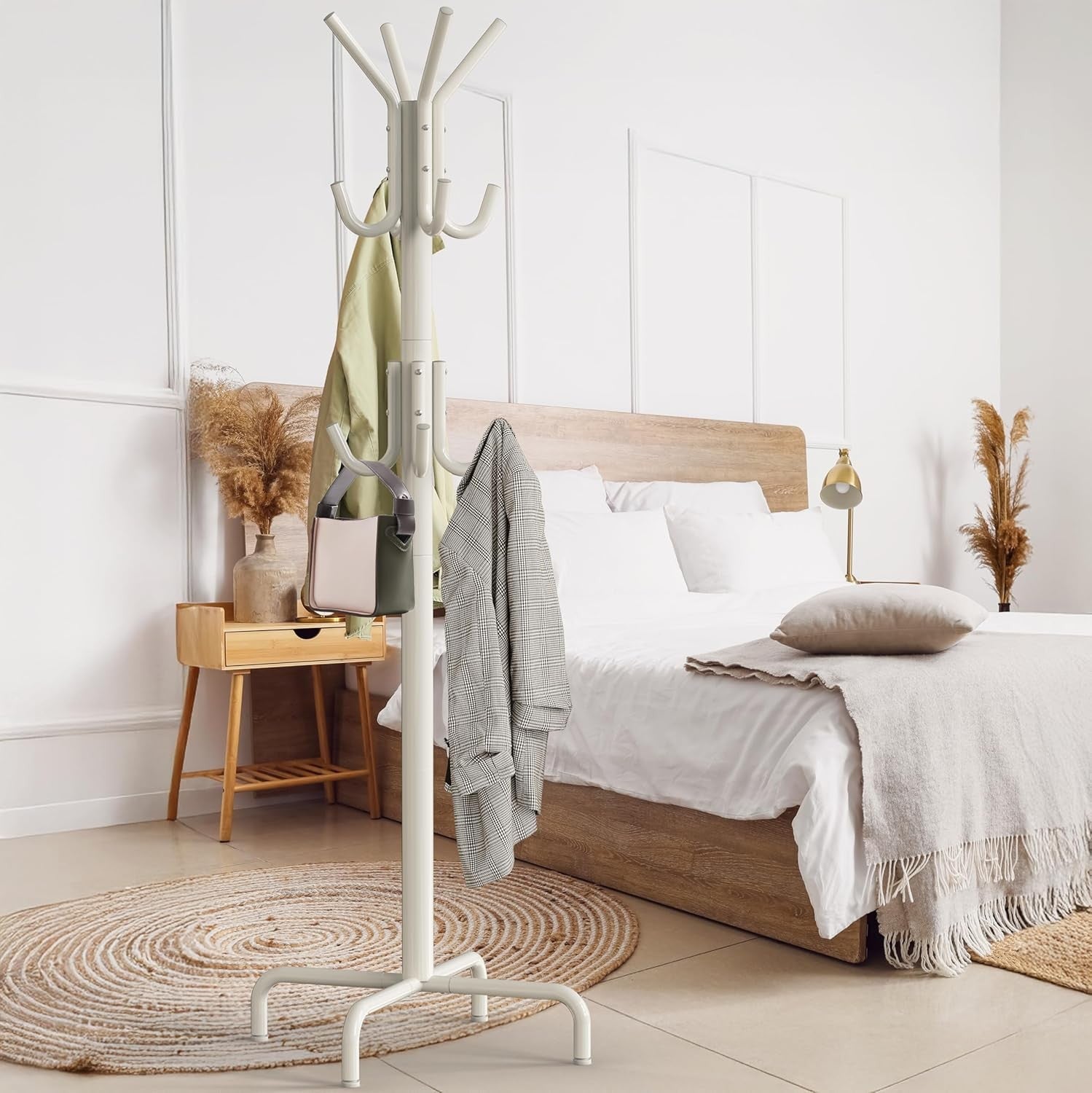 White Metal Standing Coat Rack | 12 Hook Freestanding Clothes & Hat Organizer