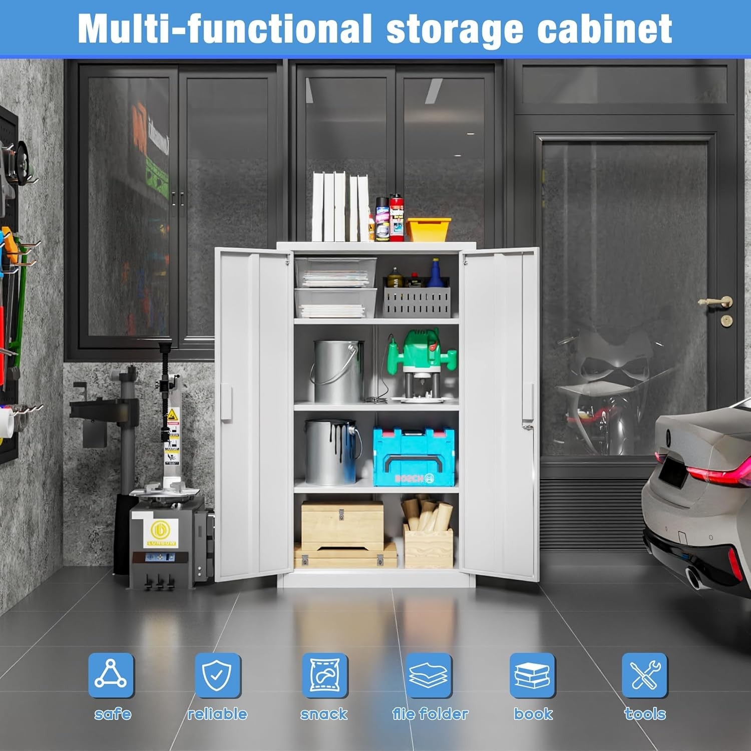 Metal Storage Cabinet 2 Door Lockable Cupboard 3 Adjustable Shelves White