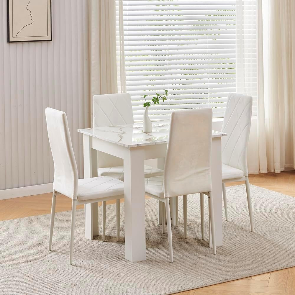 4 Piece Marble Dining Table Set with 4 Velvet Chairs for Small Spaces