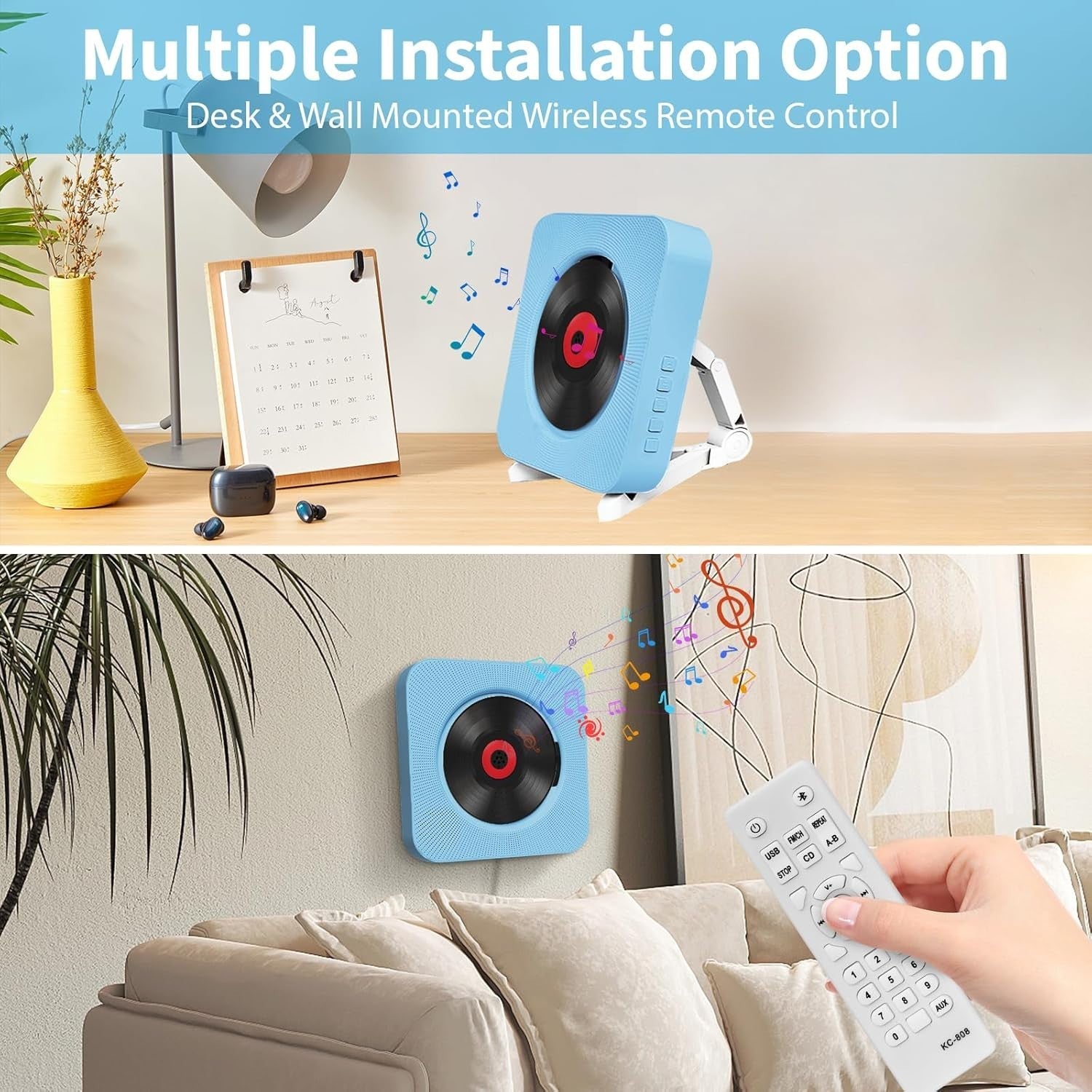 Portable CD Player Bluetooth FM Radio HiFi Speakers Remote Wall Mount